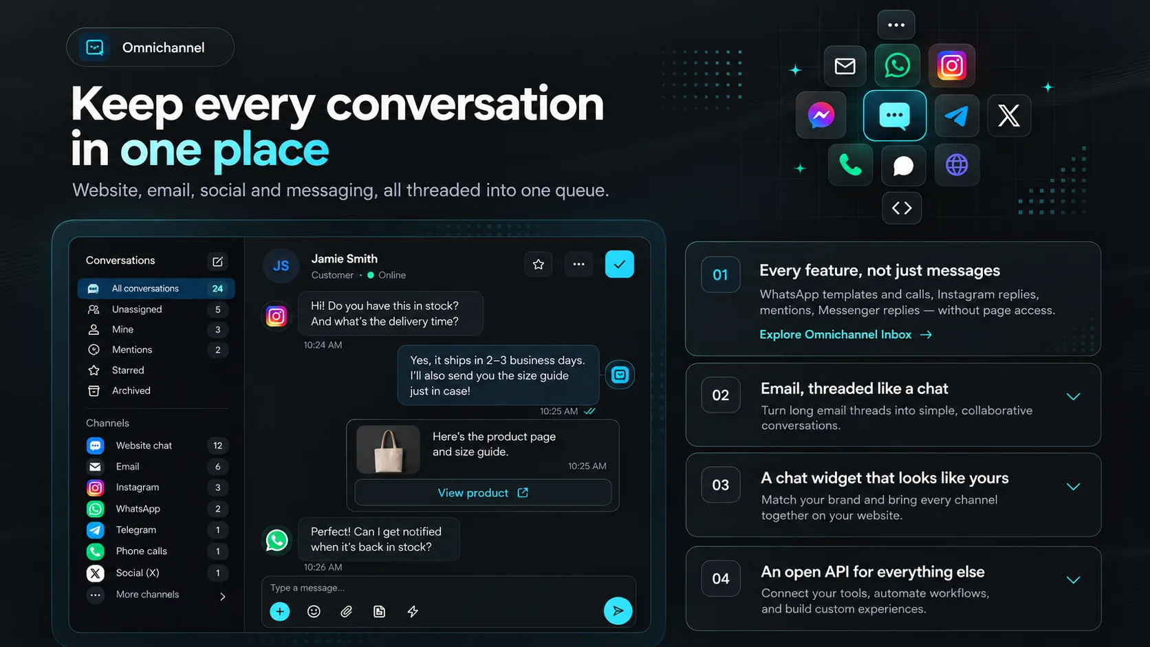Omnichannel inbox: website chat, email, Instagram, WhatsApp and more in one conversation queue, with a product card sent in the chat.